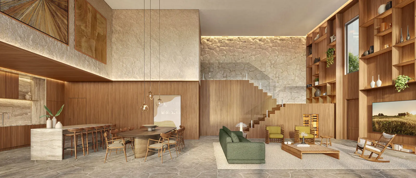 Sala de estar da casa, de pé-direito duplo, com escada em madeira, lareira e portas abertas para o jardim