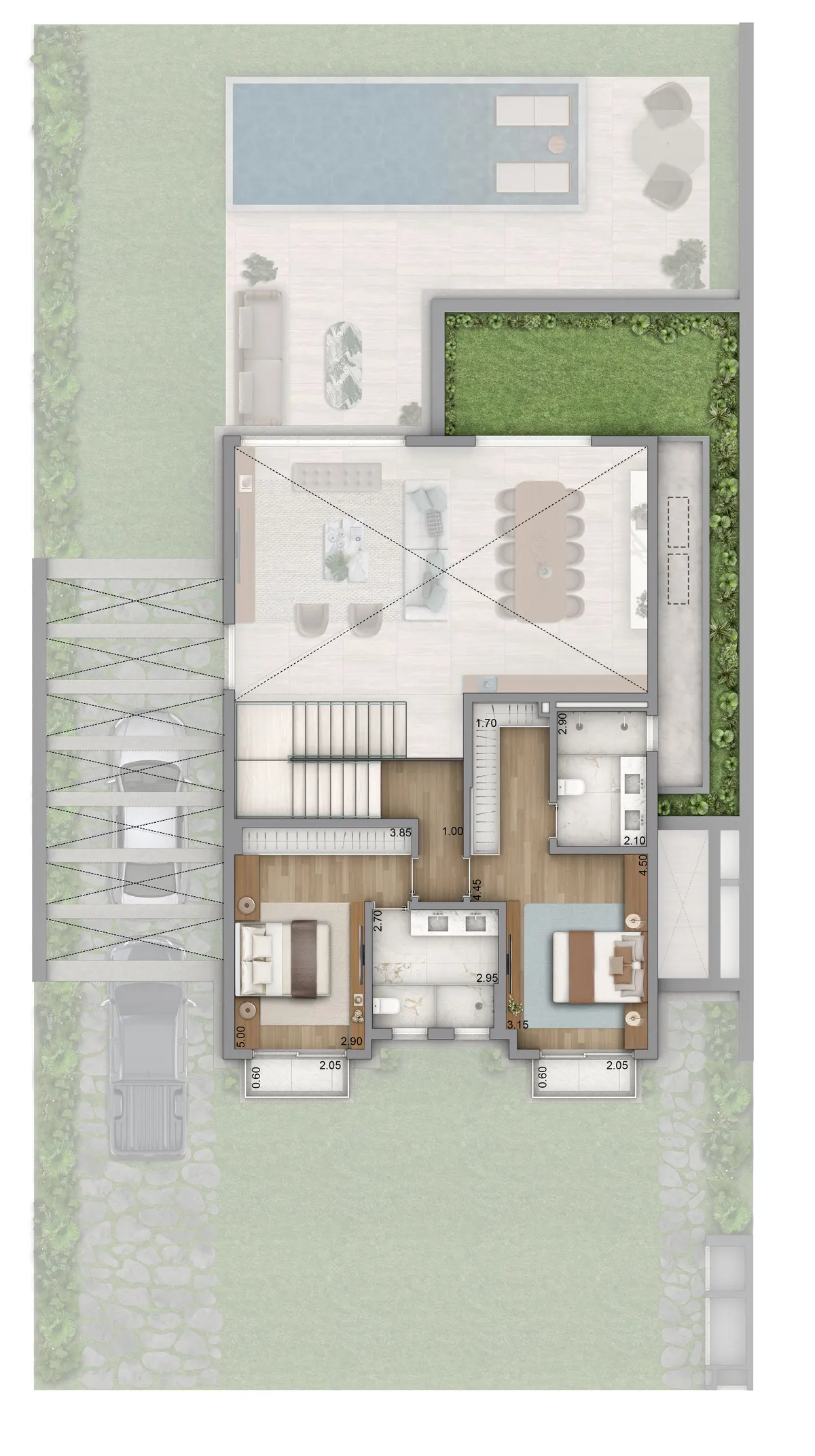 Planta do pavimento superior da casa padrão, com quatro suítes e varandas